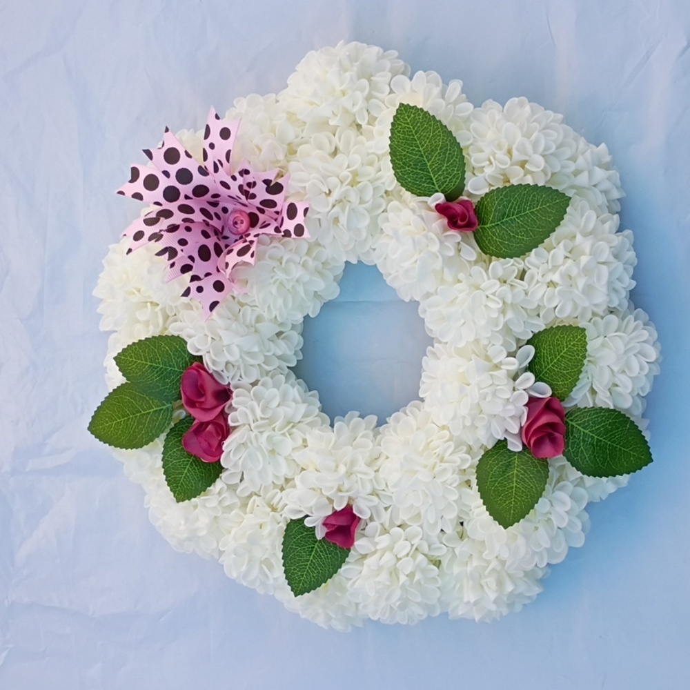 Simply Elegant White Floral Wreath with Rosetts Pink Pot A Dot Bow Handcrafted